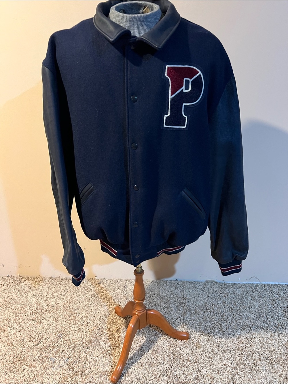 Navy Wool Letterman Jacket with Leather Sleeves Penn